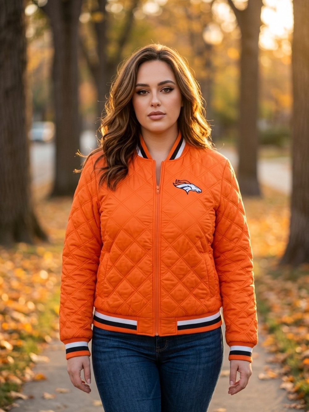 BRONCO Women's Orange Quilted Bomber Jacket